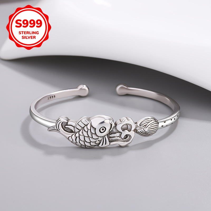 Adjustable Lotus Fish Bangle Bracelet for Women with Openwork Patterns
